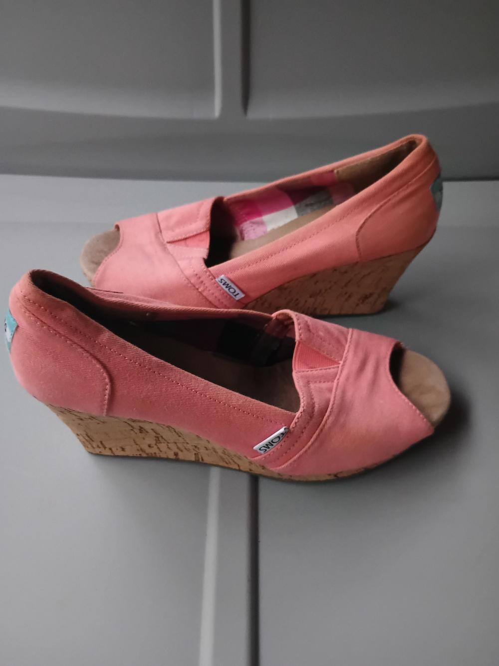 TOMS Coral Pink Peep-Toe Cork Wedge Slip-Ons